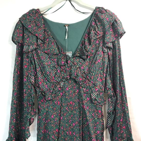 NWOT FREE PEOPLE Size 2 Sweetest Thing Emerald Green & Pink Floral Mini Dress - Picture 2 of 7